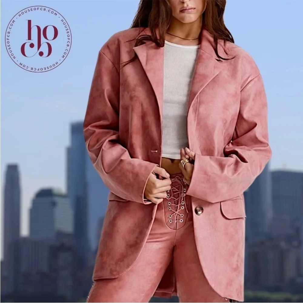 House of CB Womens Kiera Oversize Faux Leather Jacket Size Large Pink NWT - Picture 11 of 16